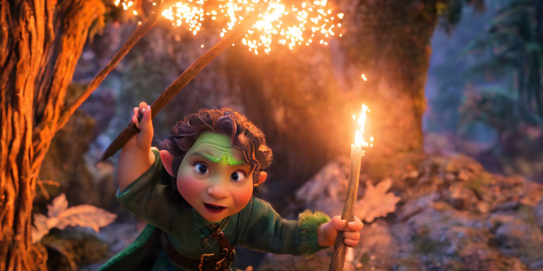 Animated character with green face holding sparkler in forest scene