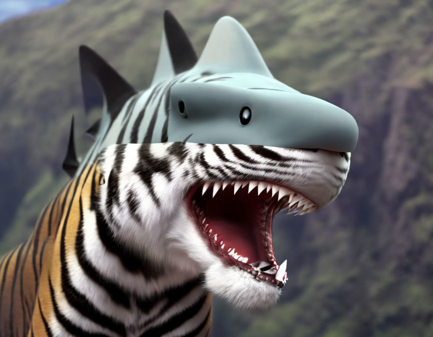 Hybrid Creature: Zebra Body, Shark Head on Mountainous Background