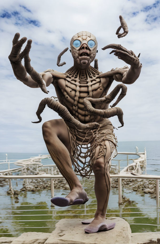 Multi-armed skeletal creature sculpture with large eyes against sky and water.