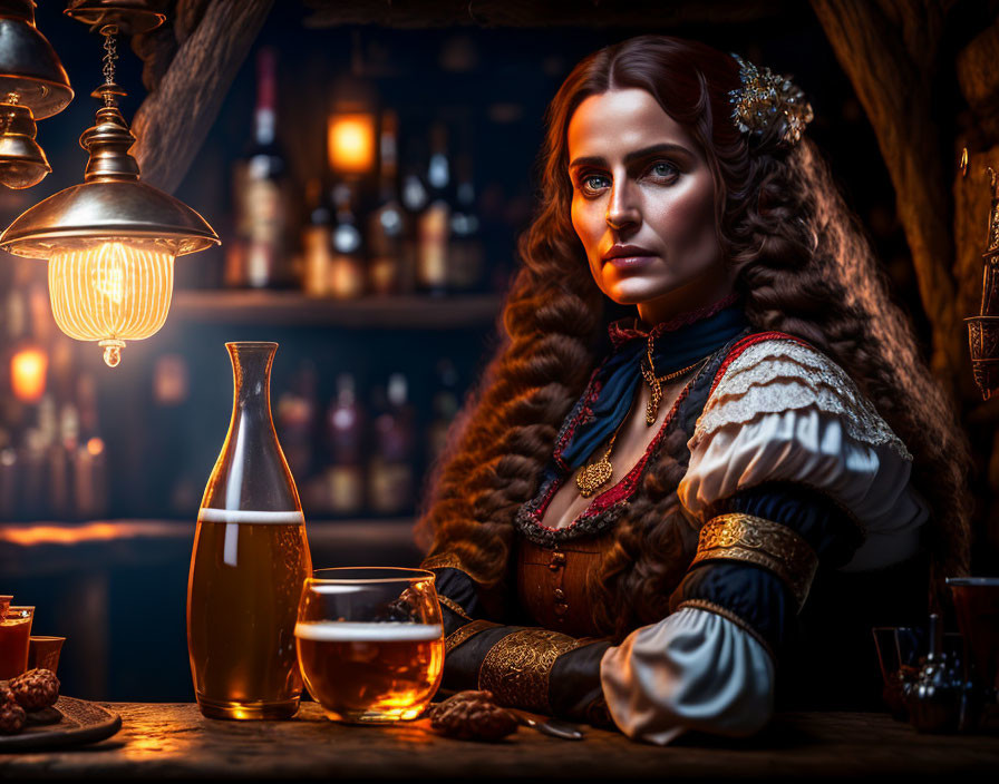 Woman in period attire enjoying beer in vintage bar ambiance