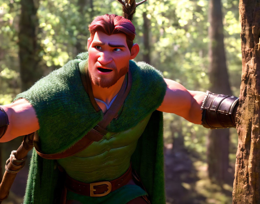 Red-haired bearded character in green cape and armor with sword in forest