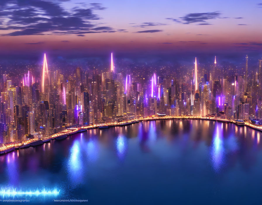Twilight futuristic city skyline with neon-lit skyscrapers
