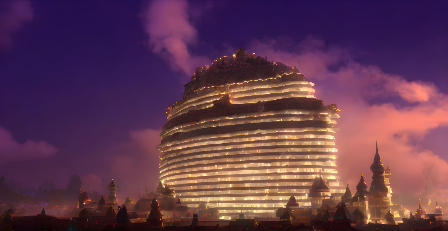 Futuristic illuminated hive building at dusk with warm lighting