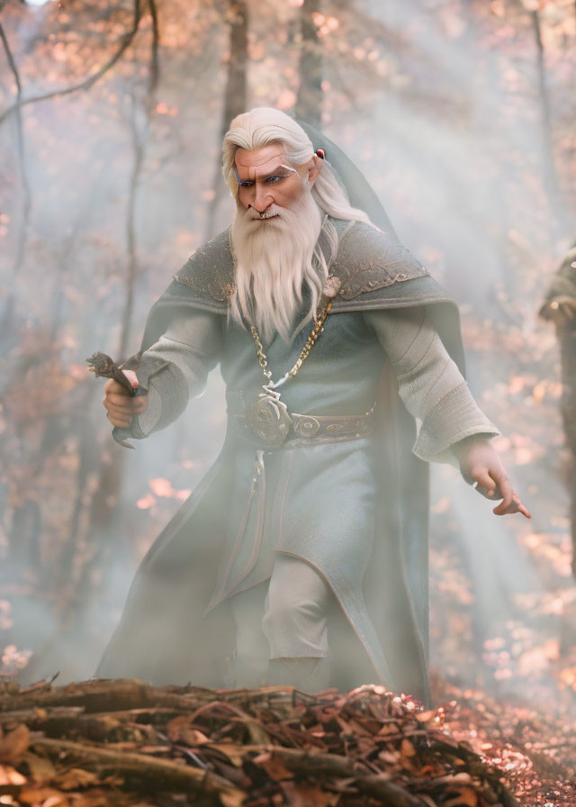 Elder wizard in blue robe with wand in misty forest