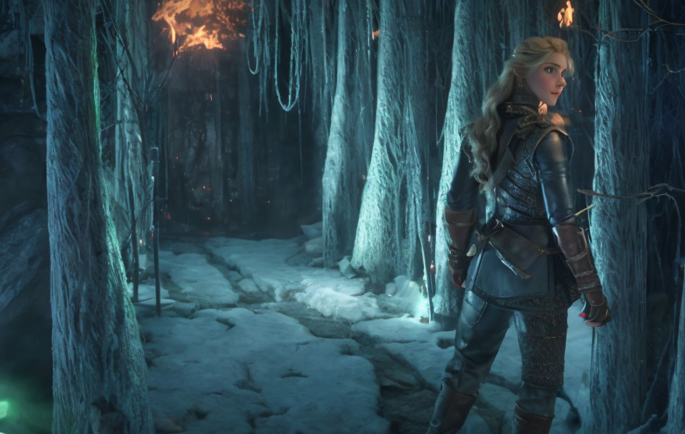 Blonde warrior woman in medieval armor in frosty cave surrounded by icicles and glowing embers