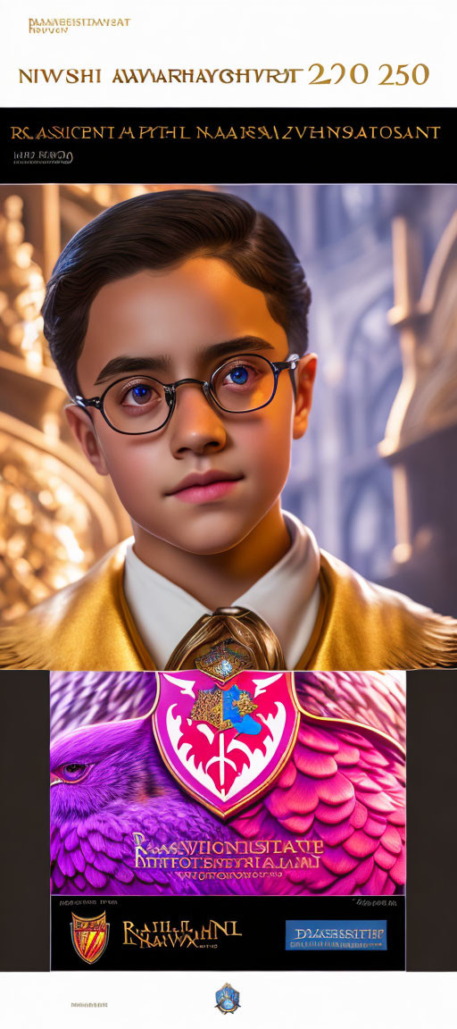 Digital Artwork: Young Boy in Yellow Sweater with Lion Crest Banner