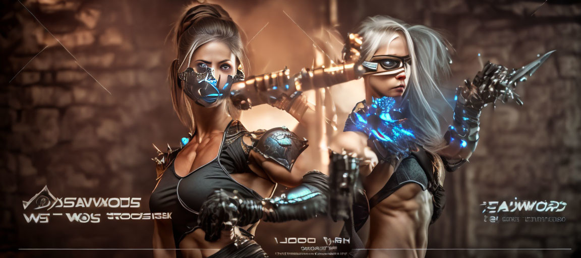 Futuristic female warriors with cybernetic enhancements in urban setting