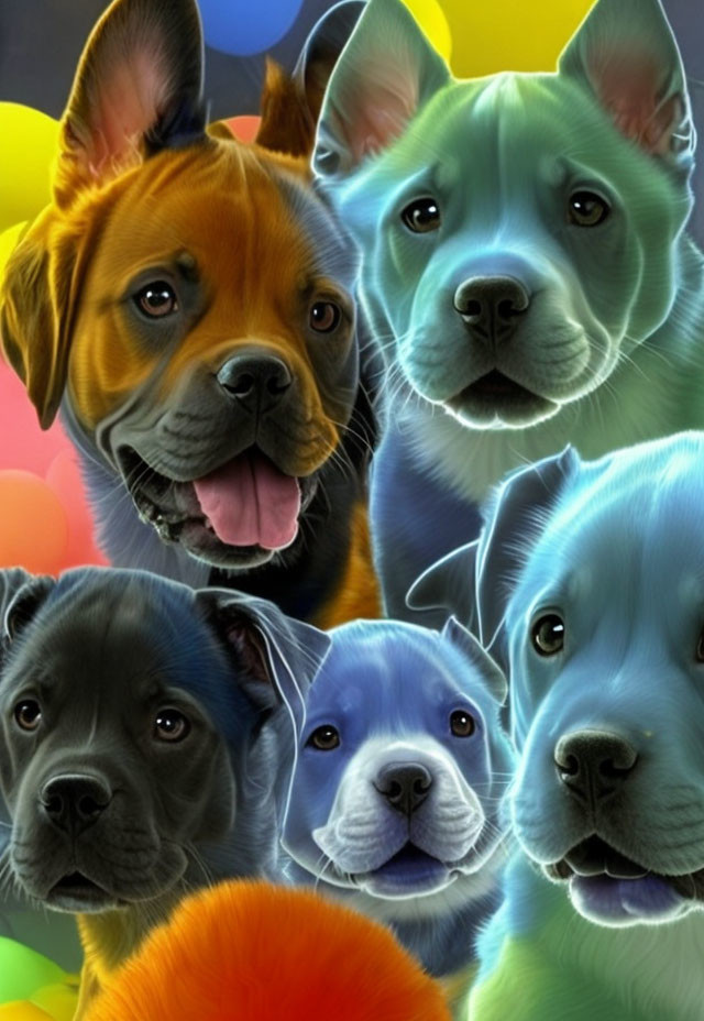 Vibrant Digital Art: Five Colorful Dogs on Multicolored Background