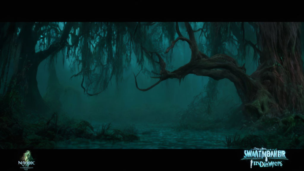 Mystical Swamp with Twisted Trees and Greenish Fog