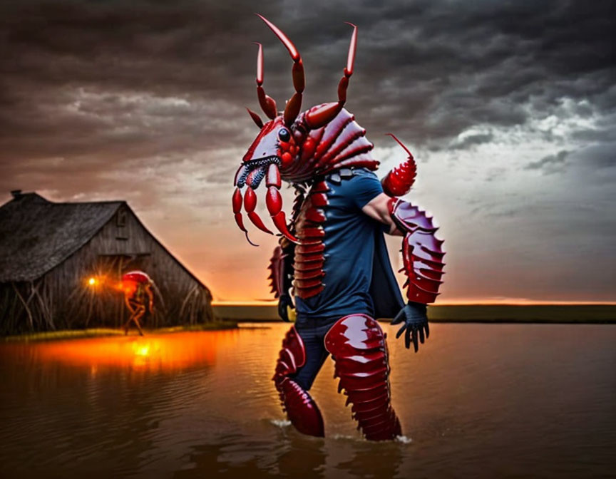 Detailed Crustacean Costume by Lake at Sunset