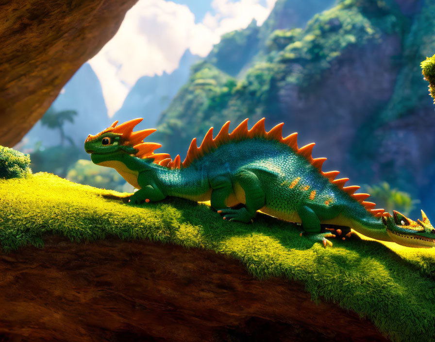 Colorful animated dragon on mossy log with green mountains