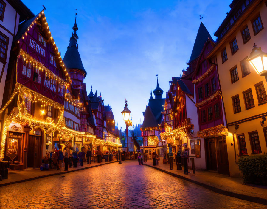 Twilight scene of festive European street with half-timbered buildings
