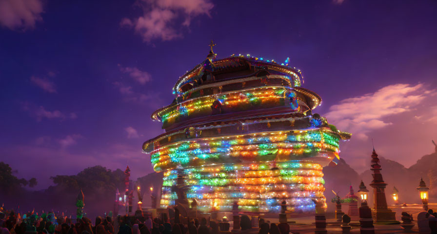 Colorful illuminated multi-tiered pagoda at twilight with silhouetted people and dusky sky