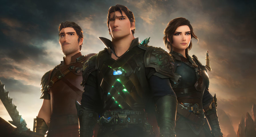 Three fantasy animated characters in armor under dramatic sky backdrop, one with glowing chest piece
