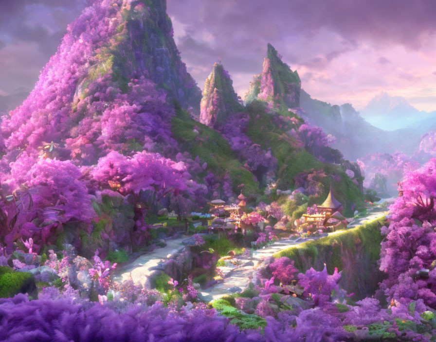 Fantasy landscape with purple foliage, river, and quaint buildings
