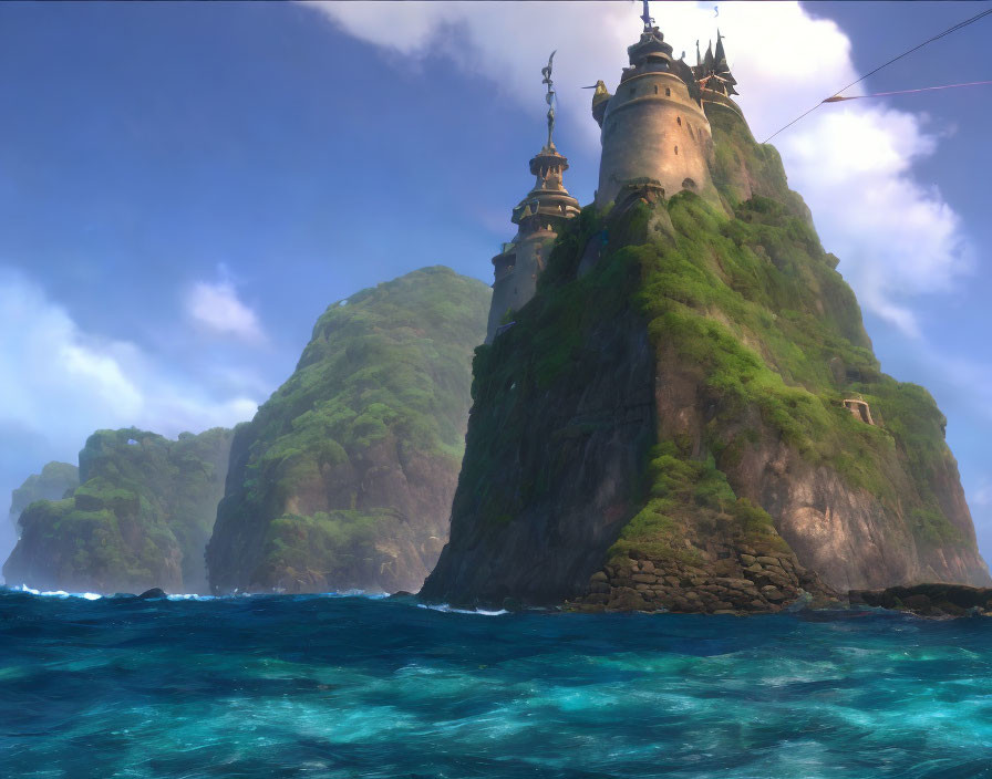 Majestic castle on lush island in turquoise sea