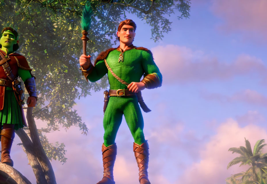 Medieval-themed animated characters in green and blue in a sunlit forest