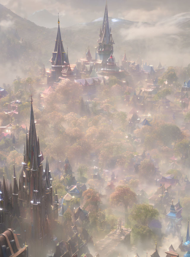 Fantasy city with towering spires and misty rooftops