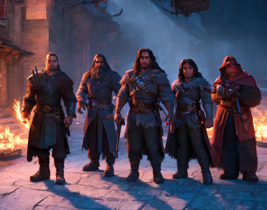 Five medieval warrior-themed animated characters in front of fiery backdrop