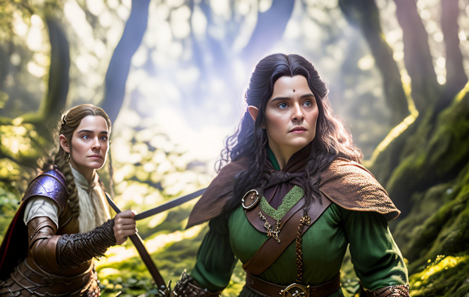 Female elves in forest: one armored with bow, one in green cloak, mystical light.