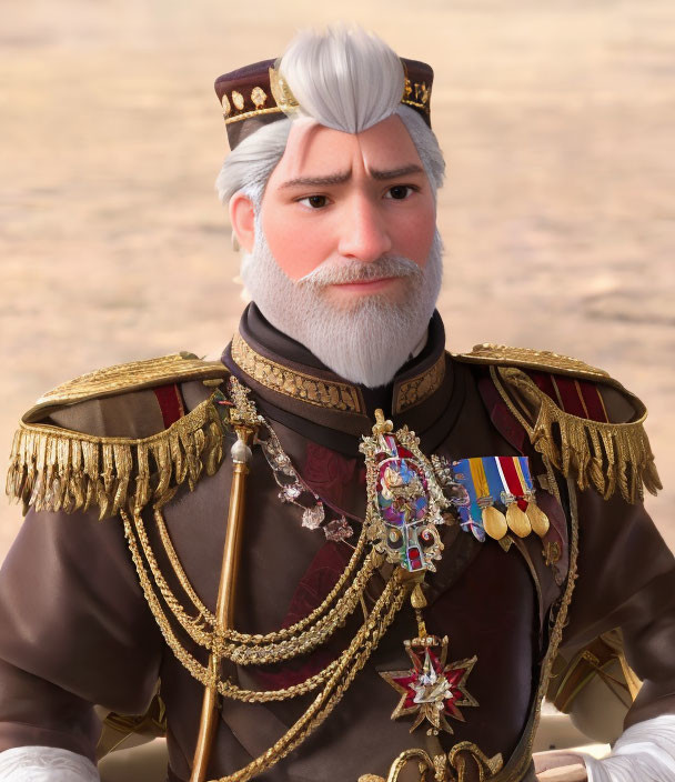 Regal animated character in brown and gold military uniform