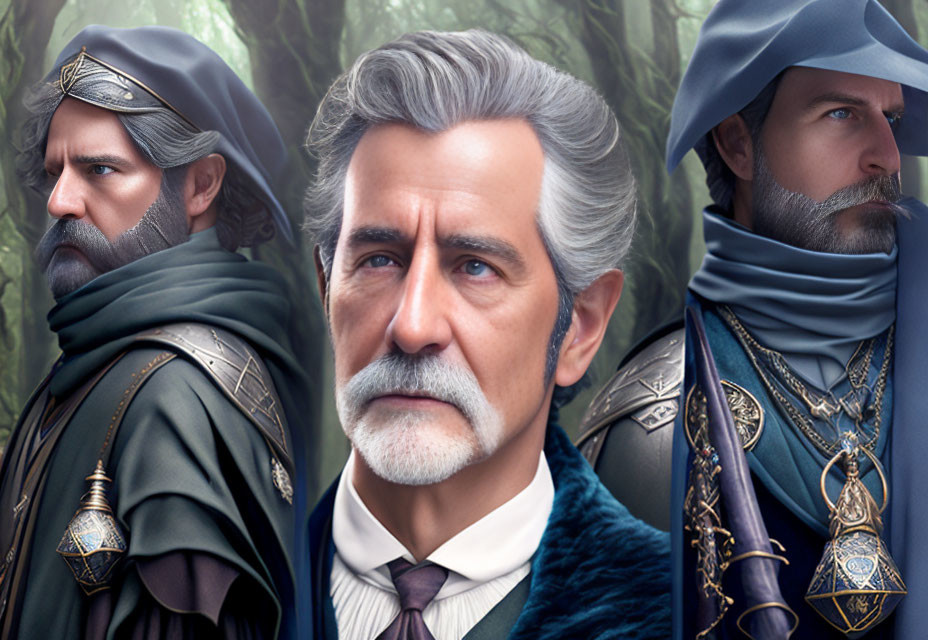 Three fantasy-style portraits of a man in elaborate costumes and regal poses