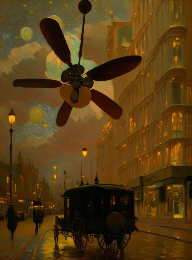 Vintage-style painting of evening street scene with ceiling fan, pedestrians, street lamps, and horse-drawn