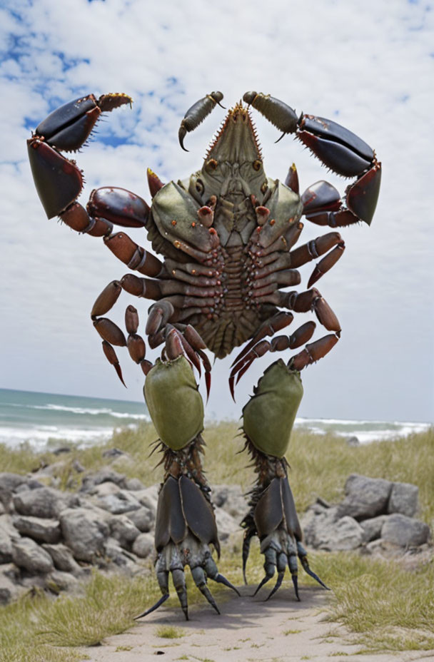Realistic crab costume on beach with grass and rocks