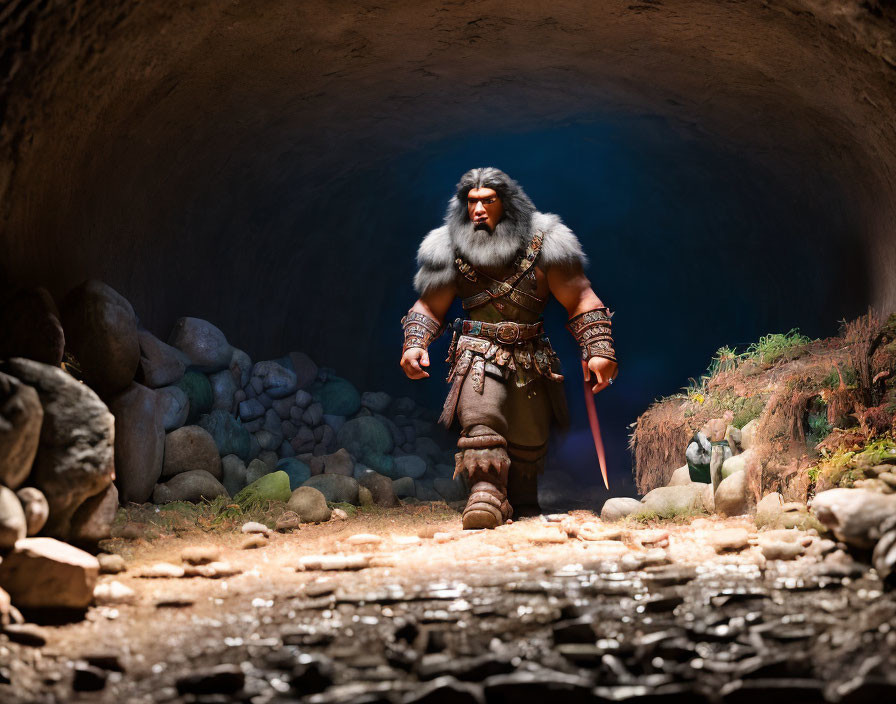 Muscular bearded warrior in fur and armor emerging from dark cave with sword.