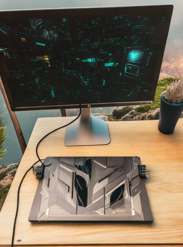 Modern computer setup with sci-fi monitor scene on wooden desk