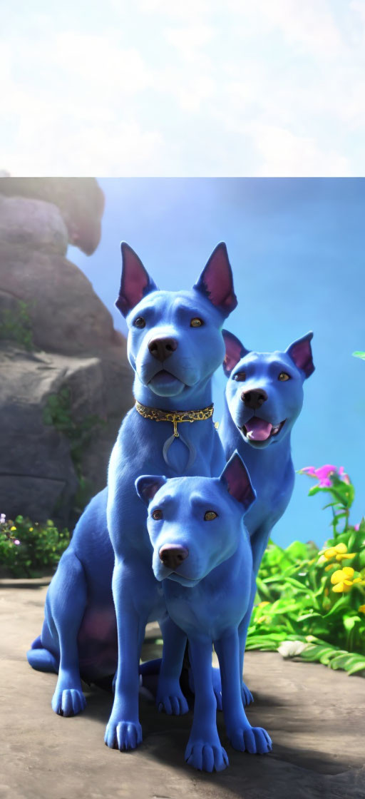 Three animated blue dogs in front of scenic backdrop with rocks and vegetation