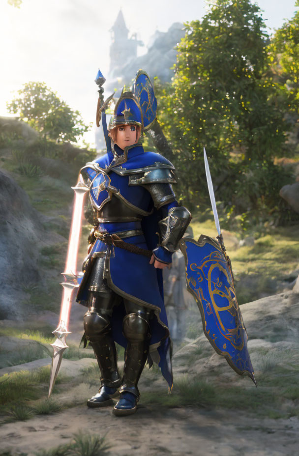 Blue-armored knight with lance and shield in sunlit forest clearing
