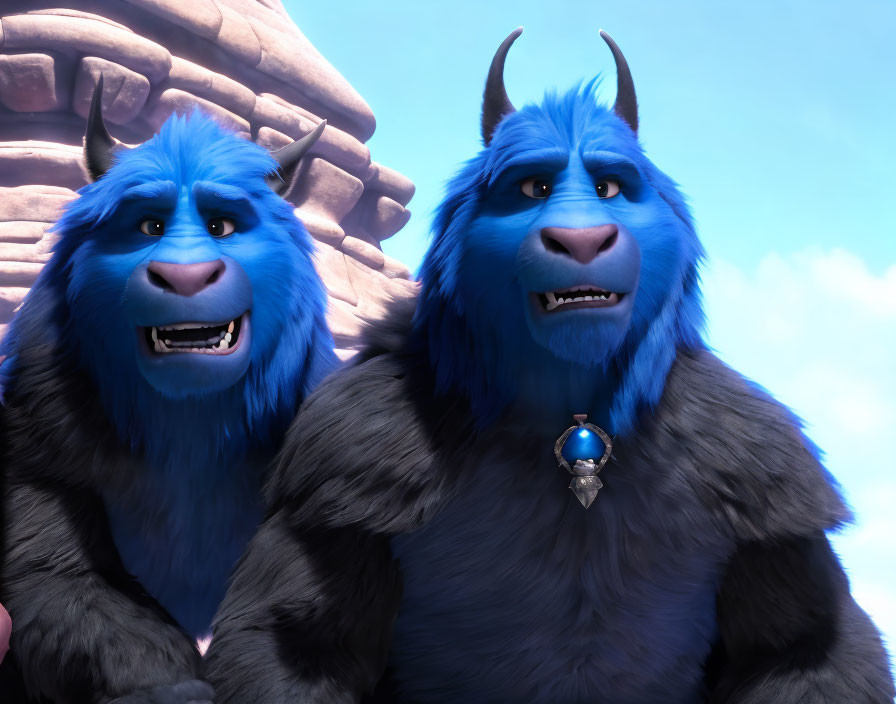 Blue furry creatures with horns in front of stone structure under blue sky
