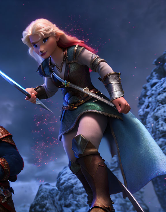 Blonde-haired animated warrior wields glowing sword in medieval armor.
