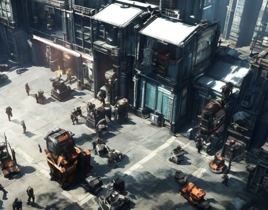 Futuristic cityscape with people, vehicles, and towering structures in bright sunlight