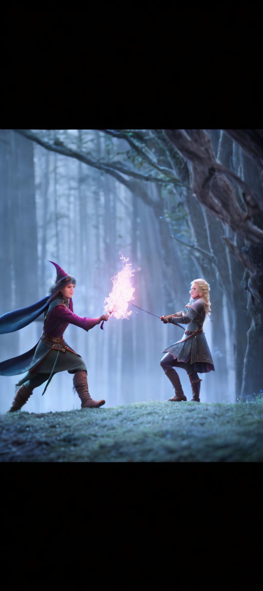 Animated characters in magical duel with glowing wands in misty forest