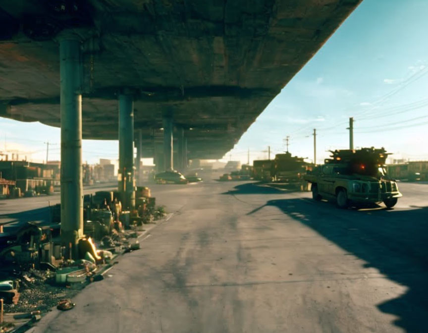 Vehicles under elevated road in sunlit industrial area