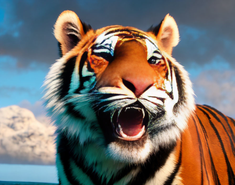 Majestic tiger roaring under blue sky