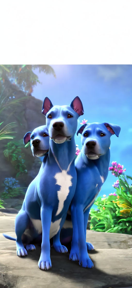 Three blue dogs with white markings in a natural setting