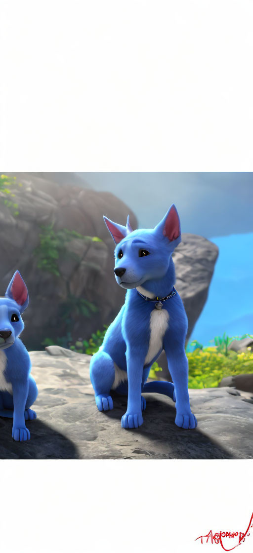 Two blue cartoon cats with large ears sitting on rocky ground, one wearing a collar, against blurred natural