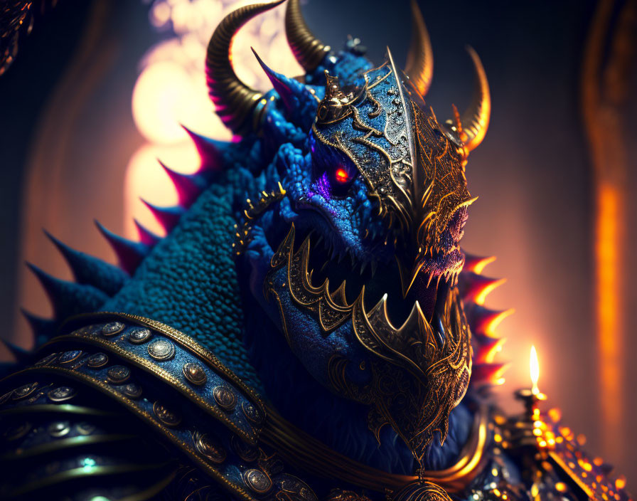 Fantasy Artwork: Majestic Dragon in Blue Scales and Golden Armor