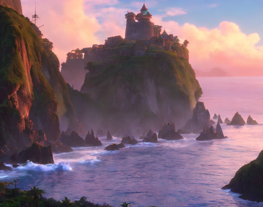 Coastal sunrise landscape with castle, sea, and rocks