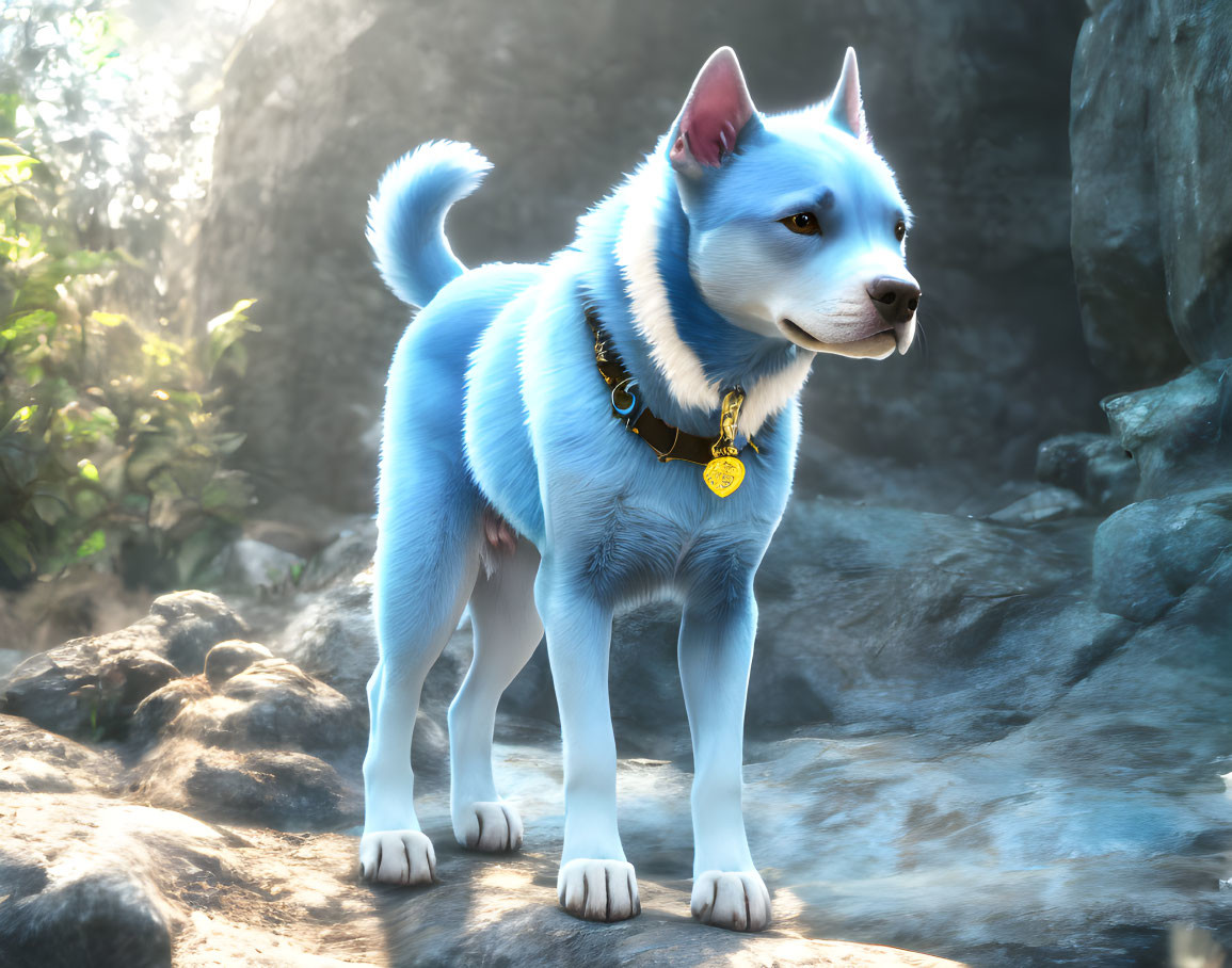 Blue-furred animated dog in forest setting