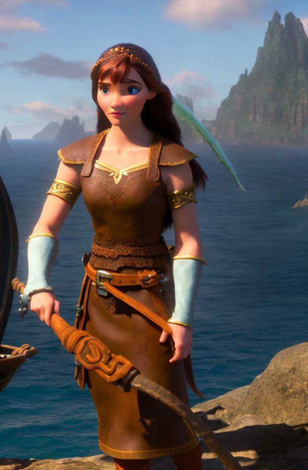 Auburn-Haired Female 3D Character on Ship with Adventure Dress in Cliff Setting