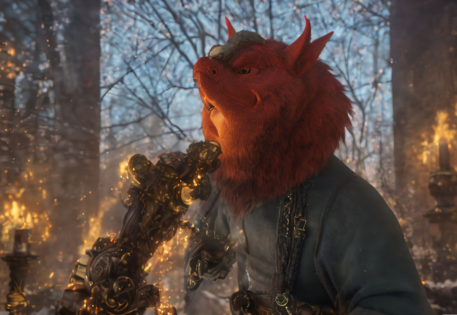Red-Furred Beast with Horns and Metallic Object in Mystical Forest