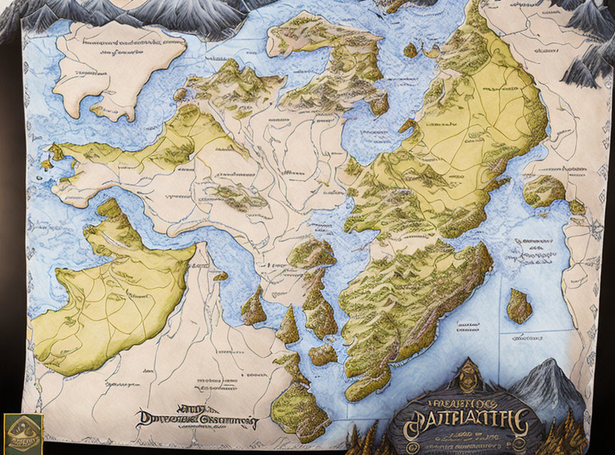 Fantasy-style map with islands, continents, coastlines, and mountain ranges