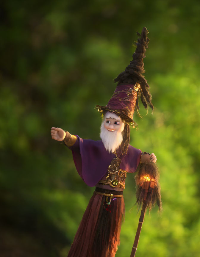 Wizard figure in purple hat and robe with staff in forest scene