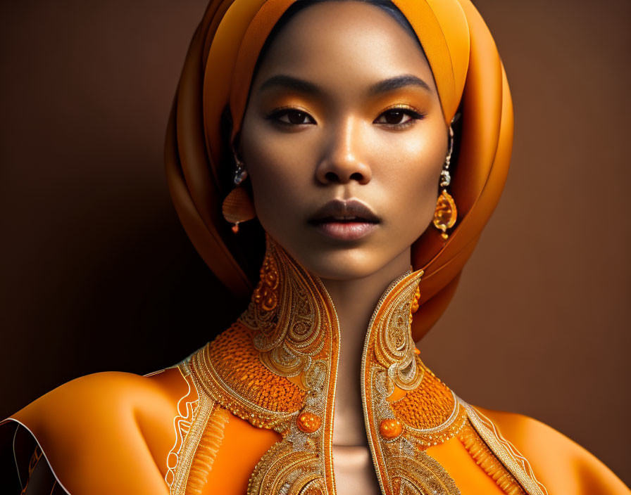 Woman in Orange Headscarf and Embroidered Outfit on Brown Background