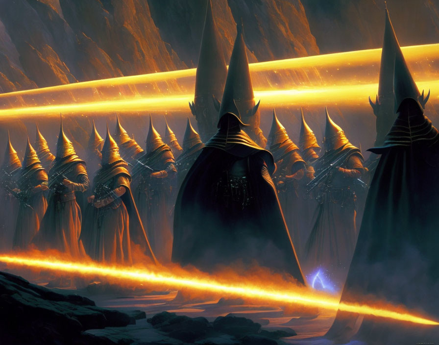 Hooded Figures with Glowing Swords in Dark Volcanic Landscape