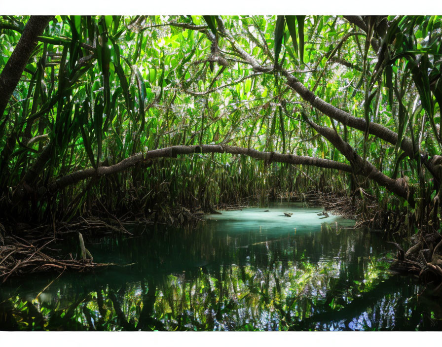 Serene turquoise waterbody with lush green mangrove forest